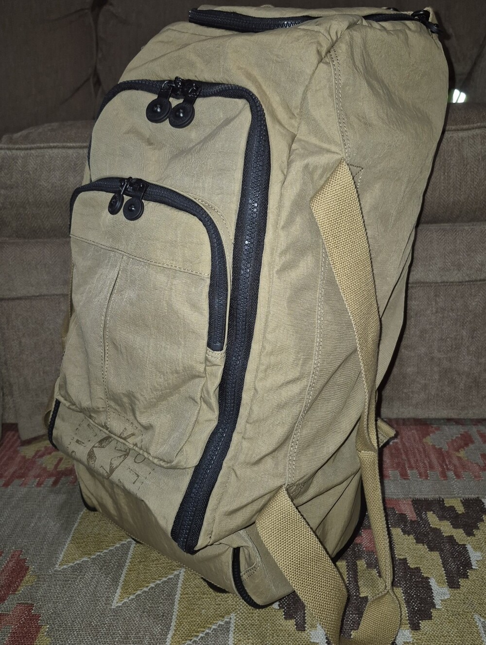 🔥RARE! Kipling Rolling Duffel Backpack Khaki Crinkled Nylon Travel Bag Large